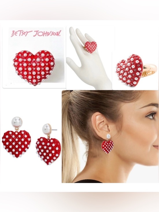 Betsey Johnson Jewelry - Lot of 2x NWT [Betsey Johnson] XOXO Pearl Heart Statement Earrings & Ring Set